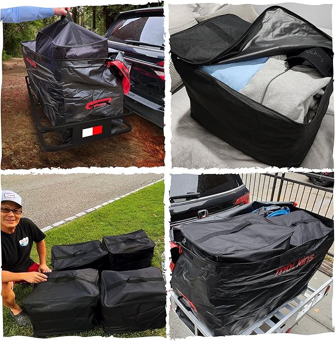 Mockins 15 CuFt Weatherproof Trailer Hitch Cargo Carrier Bag w/ 4 Packing Cubes | 48"x18"x31" Waterproof Cargo Bag for Hitch Carrier & Truck Bed Storage | Vehicle Soft-Shell Carriers w/Straps & Lock
