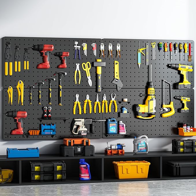 Peg Board, 84pcs Metal Pegboard Kit, Includes 4 Pack 24''X12'' Large Black Peg Board with Accessories and Hook Locks, Heavy Duty Peg Boards for Walls Home, Garage Tool Storage, Workbench