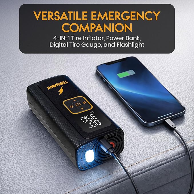 Heavy Duty Dual Cylinder Tire Inflator Portable Air Compressor - 160 PSI Dual Power Cordless Air Pump for Car, Truck, SUV - 12V DC & Rechargeable Battery, Digital Display, LED Light & Auto Shut-Off