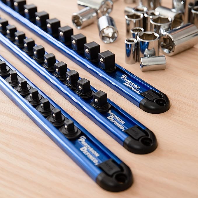 Precision Defined Aluminum Tool Socket Holder 3-Piece Set | Blue, 1/4-Inch x 16 Clips, 3/8-Inch x 16 Clips, 1/2-Inch x 14 Clips | 360 Rotation - Heavy Duty Socket Rails Organizer, Socket Storage