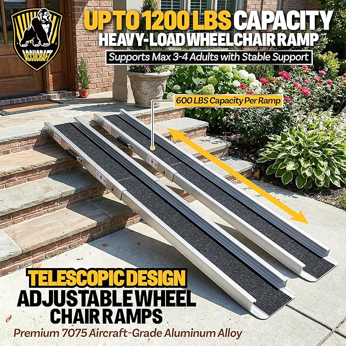 7FT Portable Wheelchair Ramp 2.0, 1200 LBS Capacity Adjustable Wheelchair Ramp for Home Steps, 2PC Threshold Aluminum Handicap ramps for wheelchairs for Home, Stairs, Doorways, Car, Non-Skid