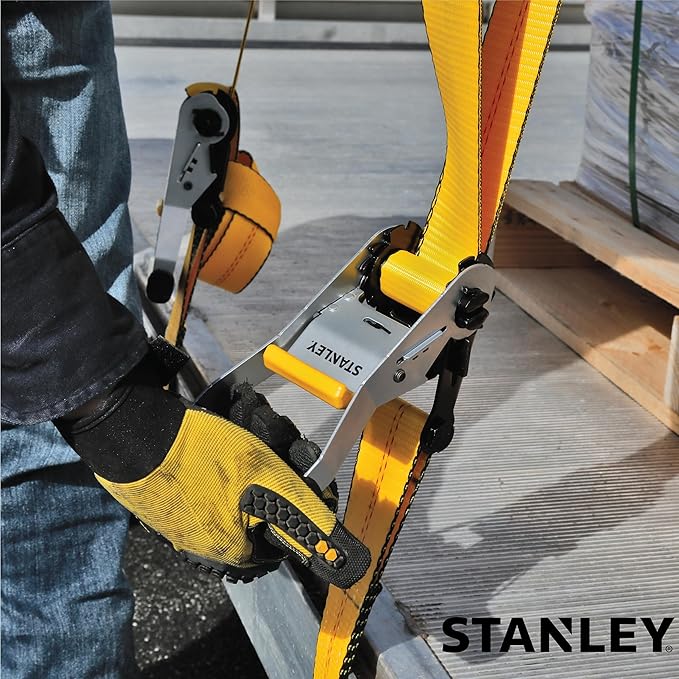 STANLEY S10000J Black/Yellow 2" x 27' Ratchet Strap with Double J-Hooks - 3,333 LBS Safe Working Load / 10,000 LBS Break Strength
