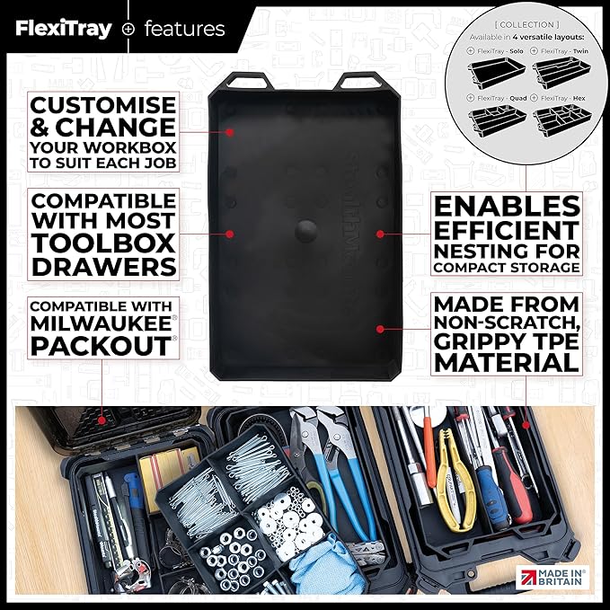 StealthMounts Open FlexiTray | Flexible Tool Trays Compatible with Milwaukee PACKOUT | Organiser for Tools, Nuts, Bolts & Parts | Workshop, Garage & Van Storage | Made in The UK