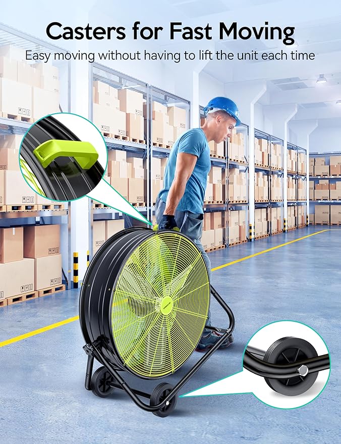 VAGKRI 24 Inch Industrial Drum Fan, 320W High Velocity Floor Fan, 3 Speed Heavy Duty Metal Air Circulator, 360° Tilt with Casters Handle ETL Standard for Patios, Warehouse, Commercial,Basement (Green)