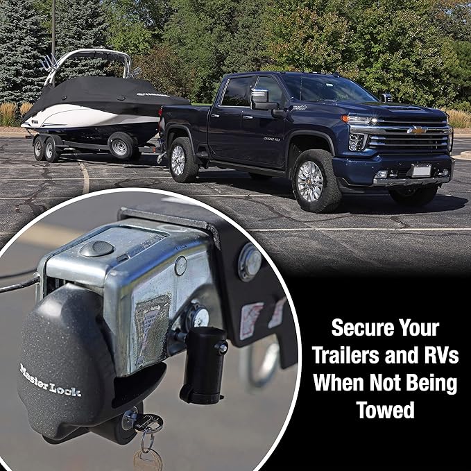 Master Lock Black Universal Size Trailer Hitch Lock, Trailer Coupler Lock for Securing RV’s, Horse Trailers, Tool Trailers and More, 379ATPY