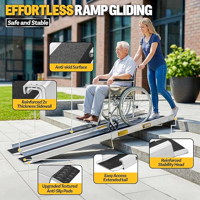 7FT Portable Wheelchair Ramp 2.0, 1200 LBS Capacity Adjustable Wheelchair Ramp for Home Steps, 2PC Threshold Aluminum Handicap ramps for wheelchairs for Home, Stairs, Doorways, Car, Non-Skid