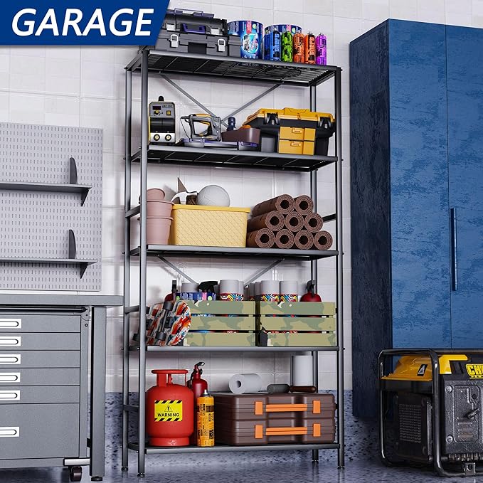 Soywey 5-Tier Heavy Duty Garage Shelving Unit,Standing Storage Shelf,Metal Wire Rack Shelf Suitable for Laundry Rooms,Bathrooms,Kitchen Storage Rooms,Wardrobes(Black,37.8L x 14W x 65.7H)