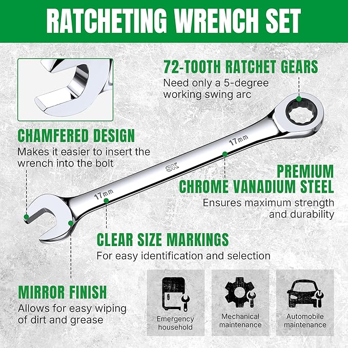 SK Ratcheting Wrench Set, Combination Wrench Set, 12-Piece, Metric 8 to 19mm, 72-Tooth, Premium CR-V Construction, with Rack Organizer