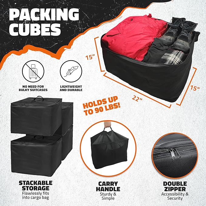 Mockins 15 CuFt Weatherproof Trailer Hitch Cargo Carrier Bag w/ 4 Packing Cubes | 48"x18"x31" Waterproof Cargo Bag for Hitch Carrier & Truck Bed Storage | Vehicle Soft-Shell Carriers w/Straps & Lock