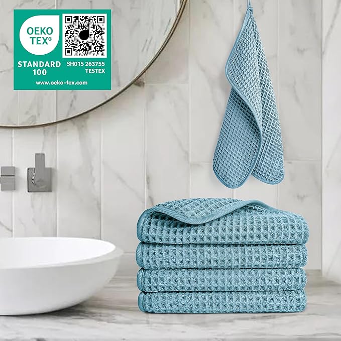 POLYTE 430 GSM Microfiber Lint Free Washcloth Face Towel, 13 x 13 in, 4 Pack (Waffle Weave)