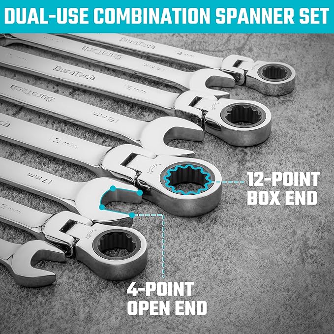 DURATECH 12-Piece Flex-Head Ratcheting Combination Wrench Set, 72-Tooth, Metric, 8-19 mm, Cr-v Steel, Organized in Storage Case