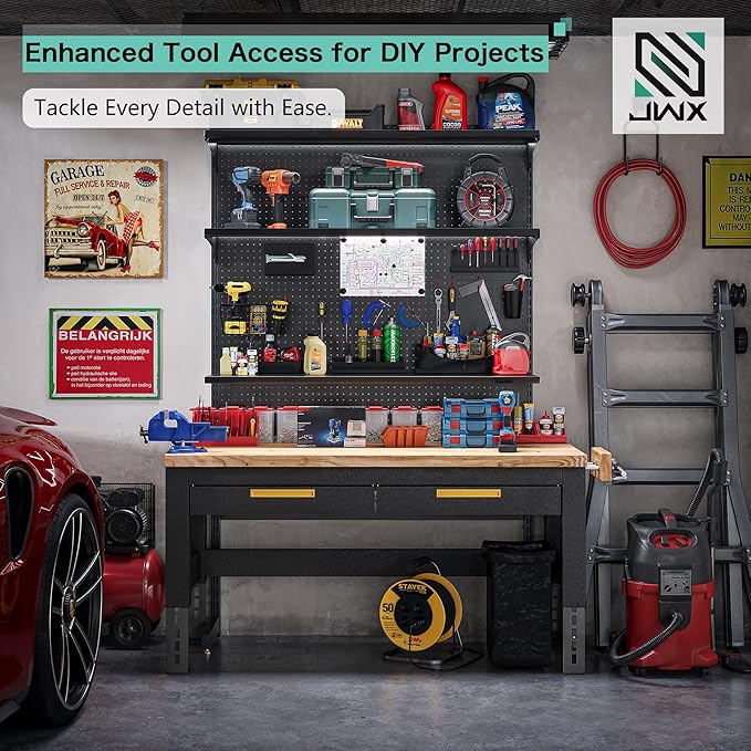JWX DDB Gaming Standing Shelf Units, 30‘’ Free Standing Gaming Shelf Pegboard Cabinet with Home Office Metal Pegboard and 15 Pieces Organizer Tool Holders