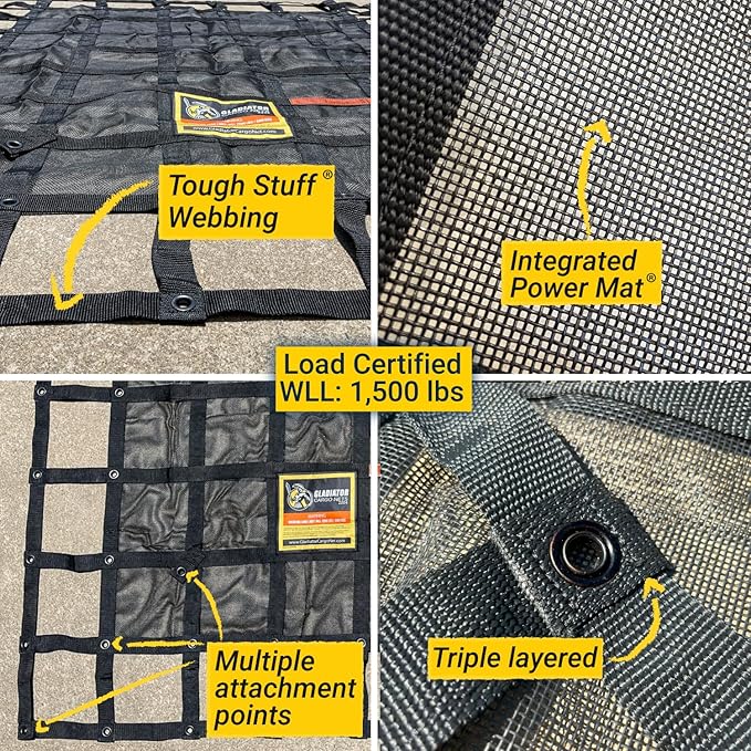 Gladiator Cargo Nets- Heavy Duty Cargo Net -Truck Accesories-Truck organizer -Bed Cover-Interior- Roof Rack-Trunk organizer-Cargo Net Offroad-SUV -Rubicon -Camping-(WLL)1,500 lbs (GRN-100) 4.8' x 5.3'