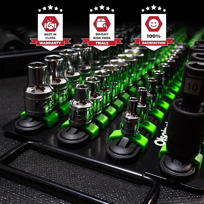Olsa Tools Portable Socket Organizer Tray - Black Rails with Green Clips - Holds 80 Sockets - Professional Quality Socket Holder - Part 1024