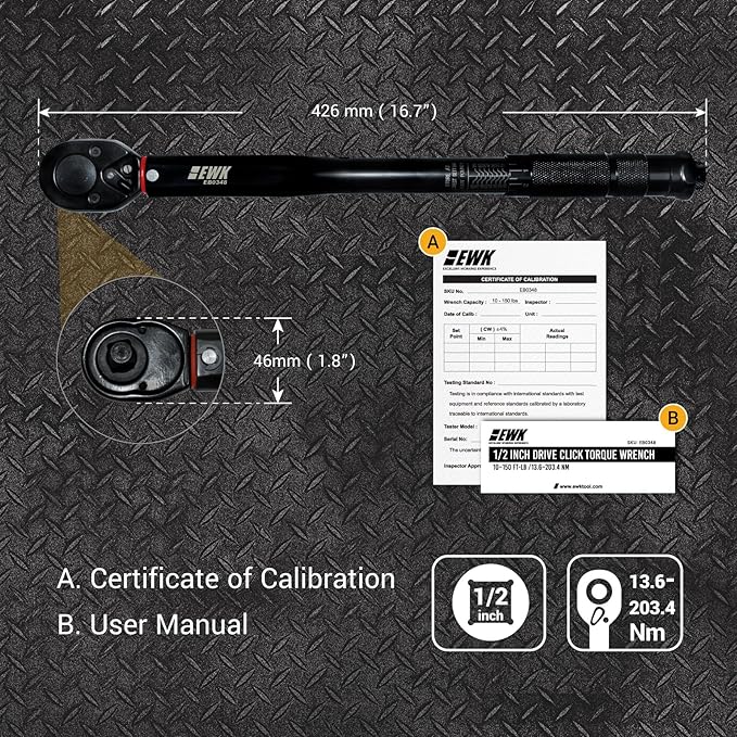 EWK 1/2 Inch Drive Click Torque Wrench 10–150 ft lb 13.6–203.4 Nm, Dual Scale Reversible Head For Lug Nuts Suspension And Motorcycle Auto Repair