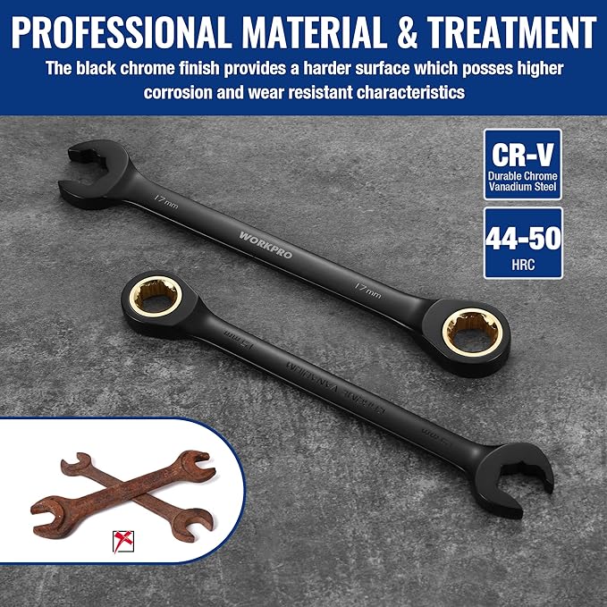 WORKPRO Upgraded 8-piece Anti-Slip Ratcheting Combination Wrench Set with Quick-Slide Open End, 72-Teeth, Cr-V Constructed, Black Metric Wrenches Set with Roll Up Pouch, 8mm-17mm