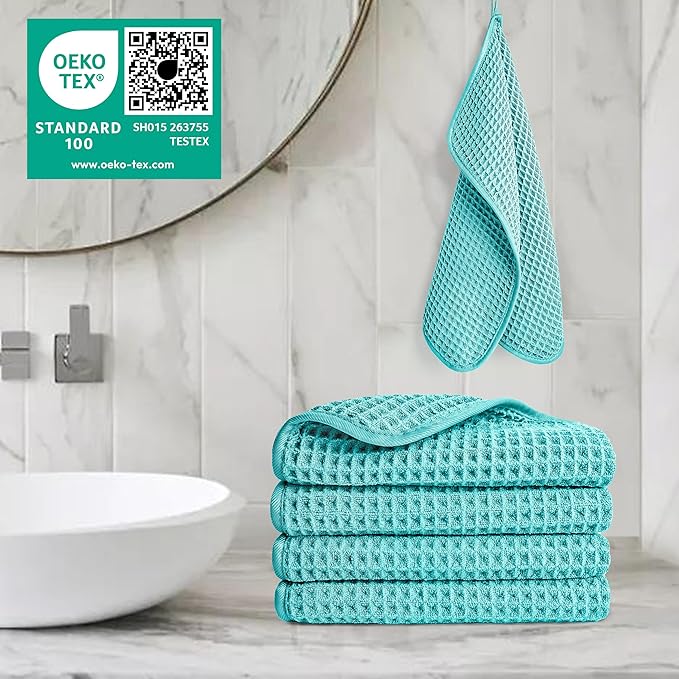 POLYTE 430 GSM Microfiber Lint Free Washcloth Face Towel, 13 x 13 in, 4 Pack (Waffle Weave)
