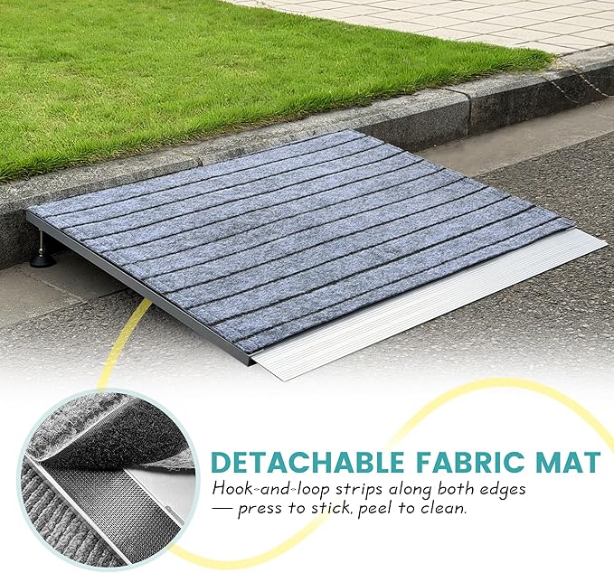 Threshold Ramps for Wheelchairs, Adjustable Height 3"–6.2" and 30"×36" Platform Aluminum Wheelchair Ramp, Door Threshold Ramps with a Non-Slip Thick Door Mat for Scooters, Power Chairs, Cart