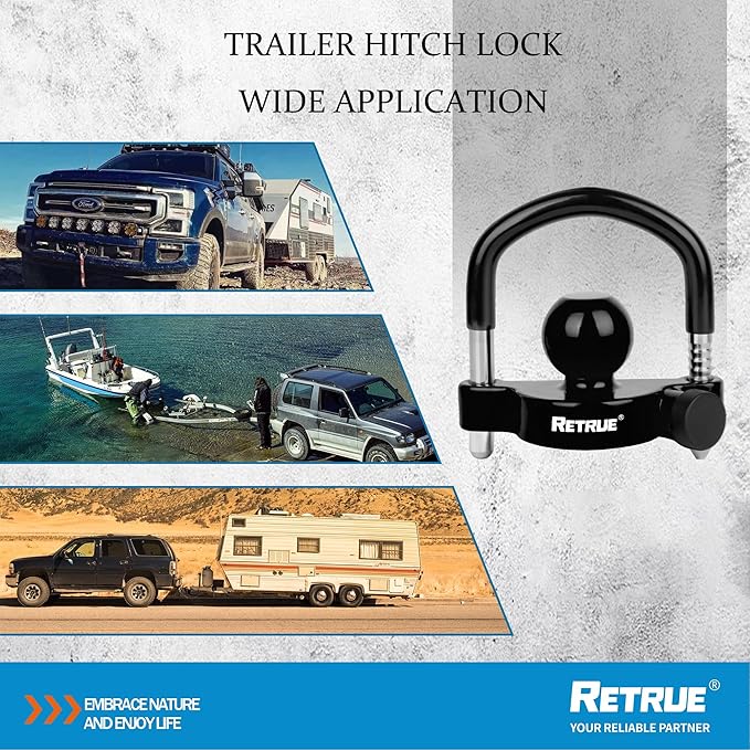 RETRUE Universal Trailer Ball Lock Hitch Coupler Locks Fits 1-7/8 Inch, 2 Inch, 2-5/16 Inch Couplers Adjustable Security with Weatherproof Cover and Cap, Black