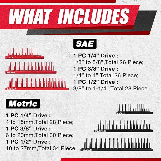 6PCS Socket Organizer Tray Set,1/2", 1/4" and 3/8" SAE & Metric Deep & Shallow Socket Holder Kit, Deep and Shallow Socket Holders for Toolboxes(sockets not included)