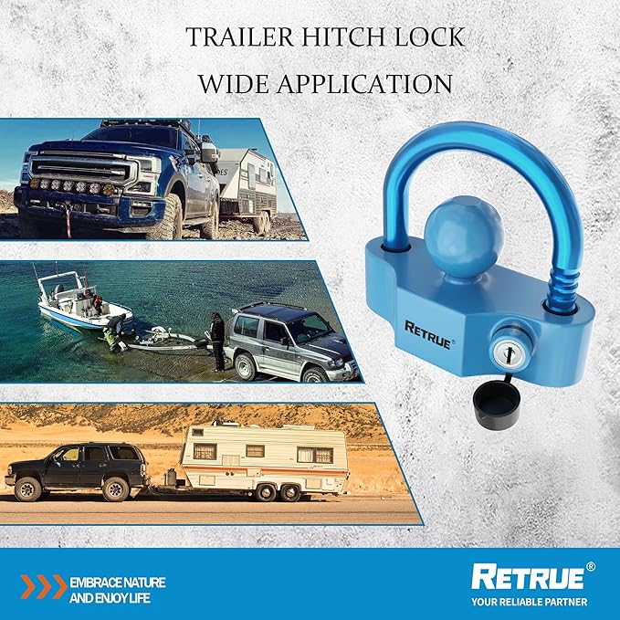 RETRUE Universal Coupler Lock Trailer Locks Ball Hitch Trailer Hitch Lock Adjustable Security Heavy-Duty Steel Fits 1-7/8 Inch, 2 Inch, 2-5/16 Inch Couplers Blue & Blue
