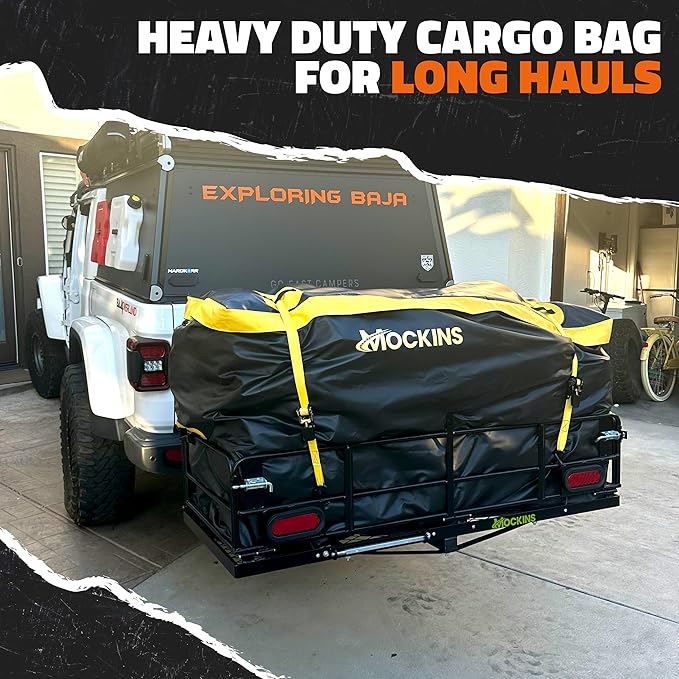 Mockins 30 Cu Ft Trailer Hitch Cargo Carrier Bag | 60"x24"x36" Weatherproof Cargo Bag for Hitch Carrier | Waterproof Truck Bed Storage Set | Vinyl Vehicle Soft-Shell Carriers for Road Trips & Camping