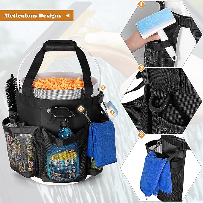 5 Gallon Bucket Organizer with Anti-fall Hooks & Buckle, Car Wash Bucket Caddy with Mesh Pockets, 5 Gallon Cleaning Tools Bag for Home, Auto, Garden & Fishing
