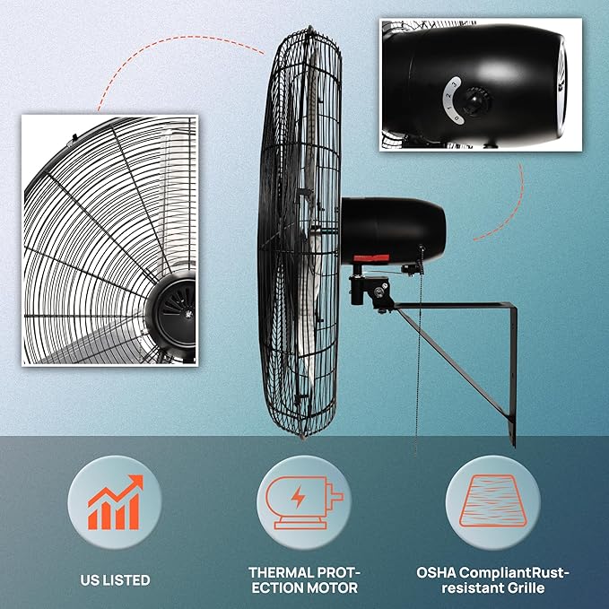 Tornado Pro Series 30 Inch High Velocity Wall Mount Fan, Oscillating Industrial & Commercial Fan, 2-Speed, 8400 CFM, 1100 RPM, 1/3 HP, 6.6 FT Cord, UL Safety Listed