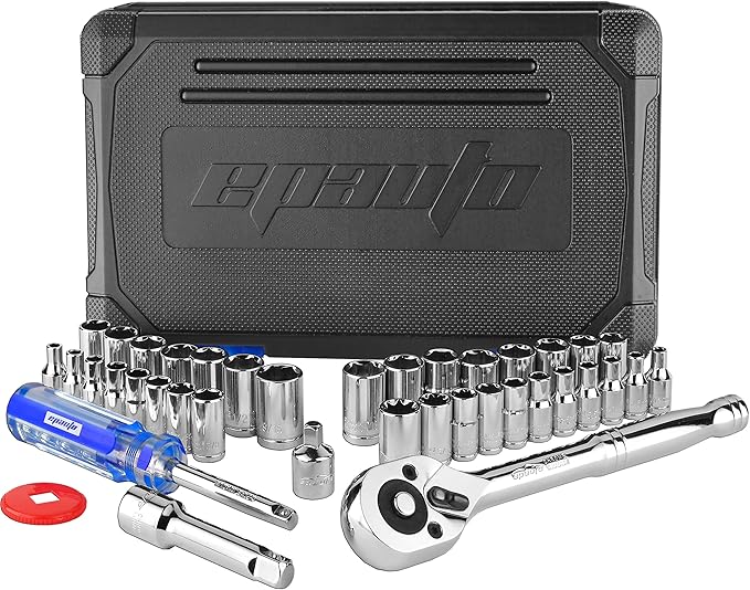 EPAuto 40 Pieces 1/4-Inch & 3/8-Inch Drive Socket Set with 72 Tooth Reversible Ratchet