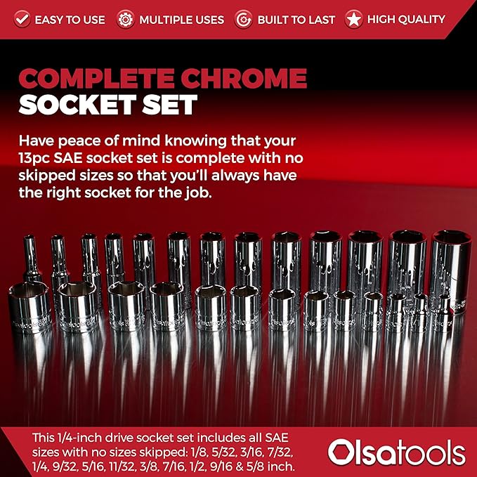Olsa Tools SAE Shallow Socket Set - 1/4-Inch Drive, 13pc - 6-Point Chrome Sockets 1/8" to 5/8" and No Skipped Sizes - Mechanic Shallow SAE Socket Set - Professional Grade Short Sockets - Part: 1330