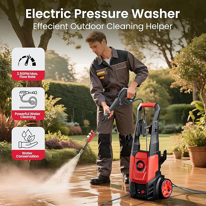 Electric Pressure Washer, 2.5 GPM Power Washer with Foam Cannon, Electric High Pressure Washer with 4 Quick Connect Nozzles for Cars, Driveways, Fences, Patios, Home Cleaning