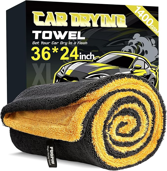 PUGPIU Car Drying Towel - 1400GSM Extra Large Super Absorbent Microfiber Towels for Cars 24"x36" - Large Edgeless with Twisted Loop, Lint-Free & Streak-Free for Auto Detailing, SUV, Truck (Yellow)