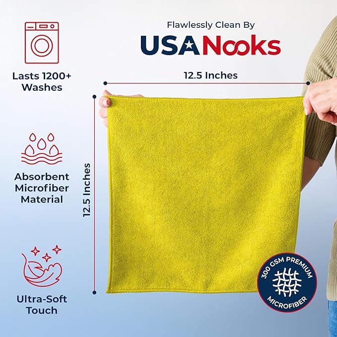 USANOOKS Microfiber Cleaning Cloth Yellow - 12 Pcs 12.5"x12.5" - High Performance - 1200 Washes, Ultra Absorbent Towels Weave Grime & Liquid for Streak-Free Mirror Shine - Car Washing Cloth