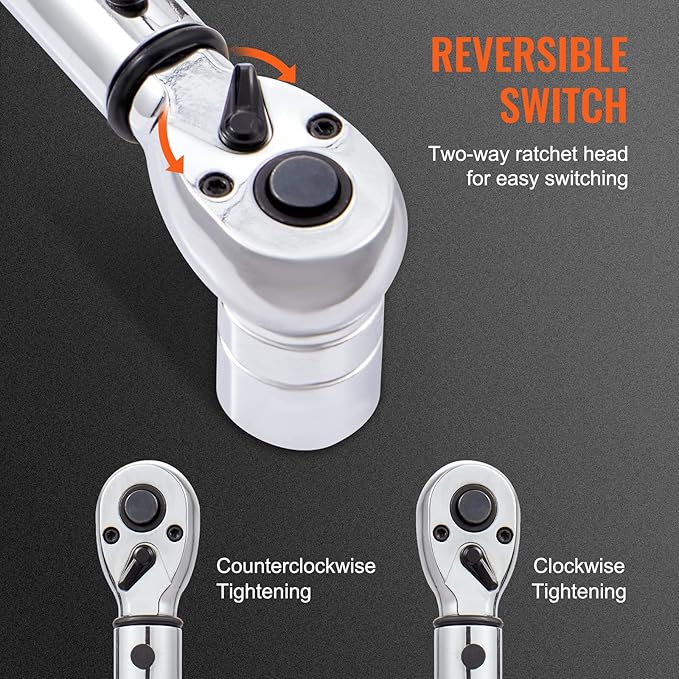 VEVOR 1/4-inch Drive Click Torque Wrench, 20-200in.lb/3-23n.m Mechanical Dual Range Scales, Dual-Direction Adjustable with Adapters Extension Rod