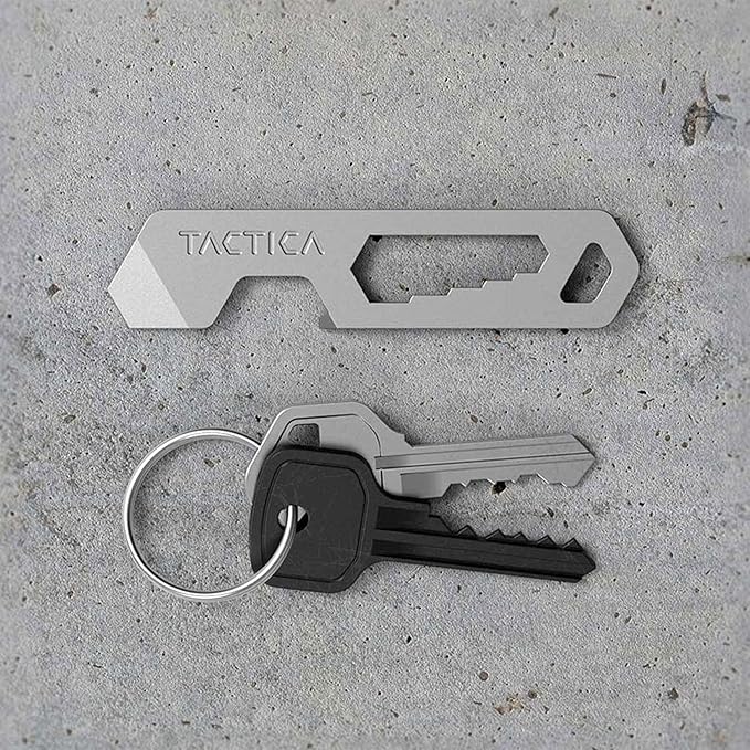 TACTICA M.005 Micro Tool, 6-in-1 Stainless Steel EDC Pry Bar Multitool Keychain, Wrench, Screwdriver and Keychain Bottle Opener, Ultralight Every Day Carry (Silver)