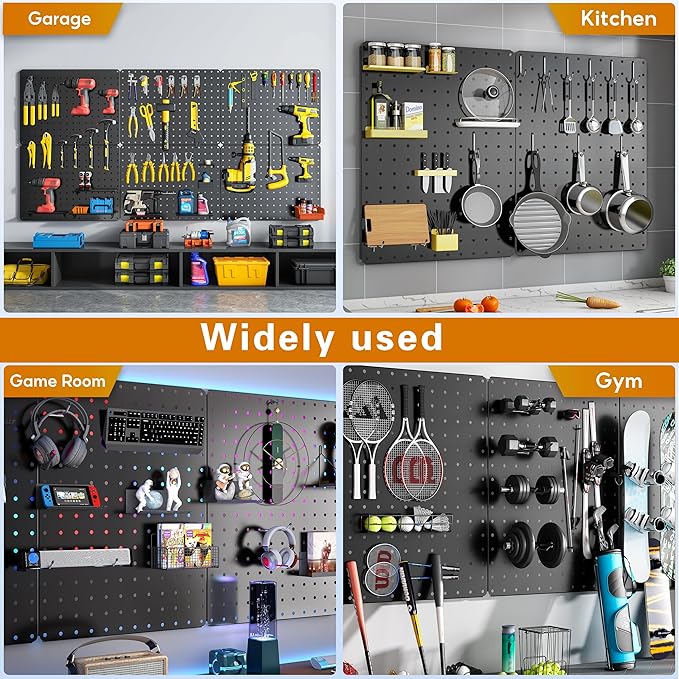Peg Board, Heavy Duty Metal Pegboard, 6 Pack Black Peg Board Panels, 60lbs Load Capacity Each, Pegboard Wall Organizer for Garage, Workshop, Kitchen, Craft Rooms