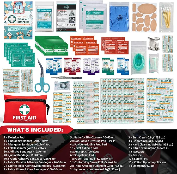 General Medi Mini First Aid Kit, 150 Piece Small First Aid Kit - Includes Emergency Foil Blanket, Scissors for Travel, Home, Office, Vehicle, Camping, Workplace & Outdoor (Red)