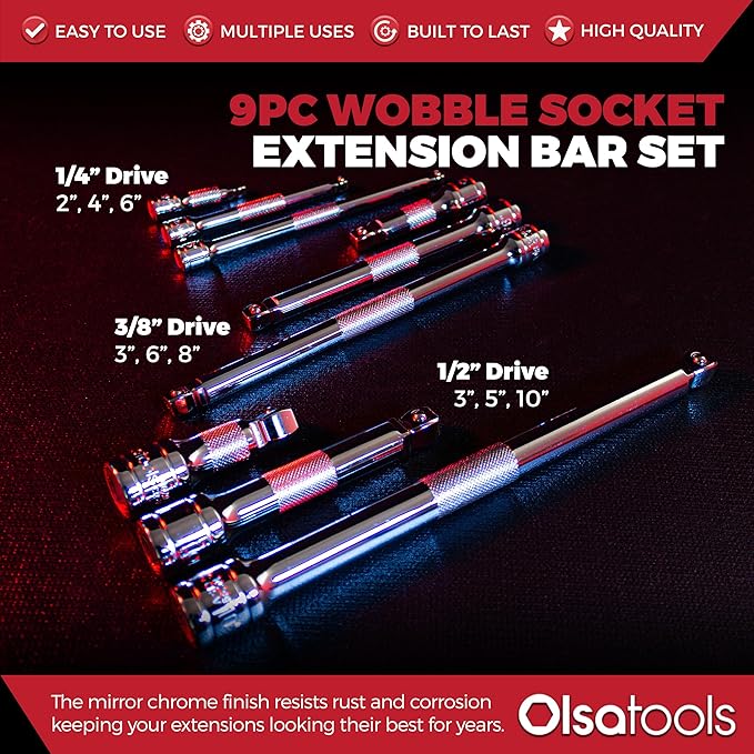Olsa Tools Wobble Socket Extension Set - 9Pc Cr-V Dual Function Extension Bars - 1/2", 3/8", 1/4" Drive Ratchet Attachments with Non-Slip Grip - High-Performance Garage Tool - Part 1460
