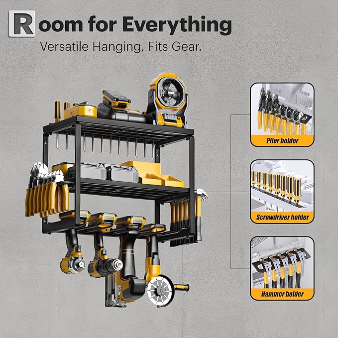 Spampur Power Tool Organizer Wall Mount, 3 Layers Storage Rack with 4 Drill Holders, Garage Storage Rack for Handheld, Metal Tool Shelf Utility Rack for Cordless Power Tools, Suitable for Giving men
