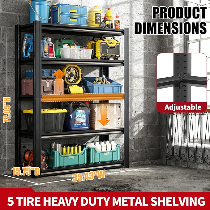 Storage Shelves, 5-Tier Garage Shelving, Adjustable Heavy Duty Shelving Units, Metal Industrial Utility Organizer Storage Racks for Basement, Kitchen, Warehouse, Pantry,16" D×36" W×72" H