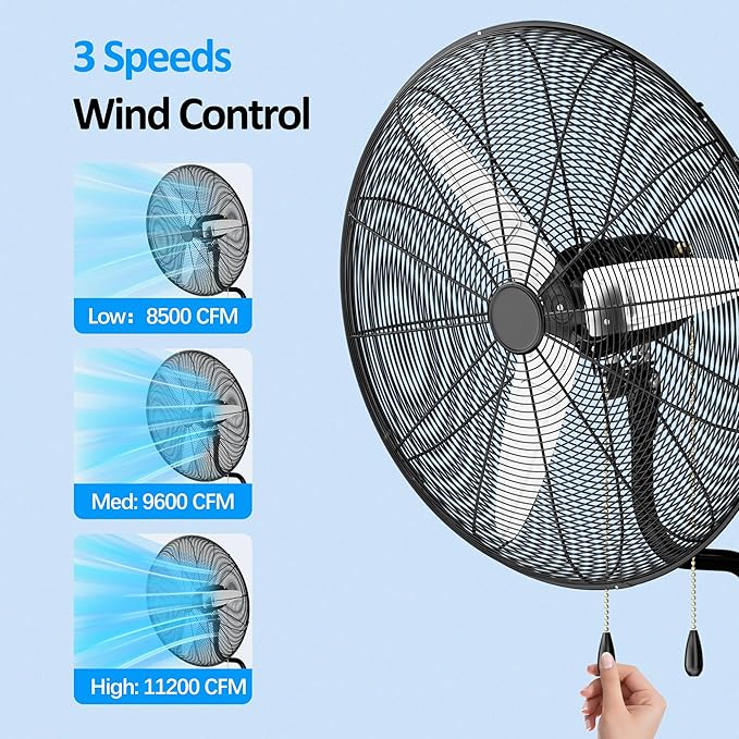 Uthfy 30 Inch High Velocity Wall Mount Fan, 11200CFM Outdoor Industrial Fan with Dual Pull Cord Control, 6 FT Cord, 3 Speeds, Heavy Duty Oscillating Fan for Indoor, Garage, Patio, Workshop Use