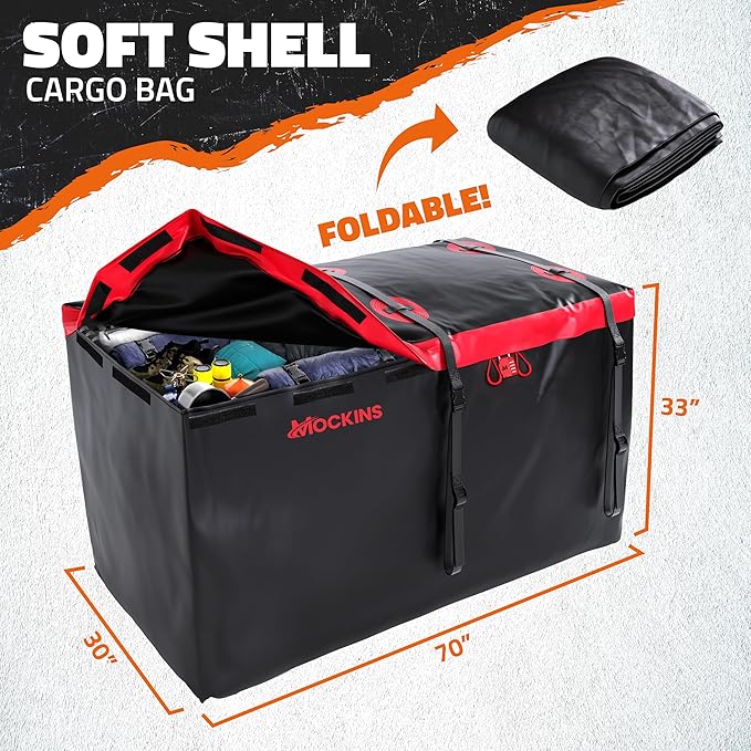 Mockins 40 CuFt XXL Trailer Hitch Cargo Carrier Bag | 70"x30"x33" Heavy Duty Vinyl Cargo Bag for Hitch Carrier | Versatile Waterproof Truck Bed Storage | Vehicle Soft-Shell Carriers with Accessories