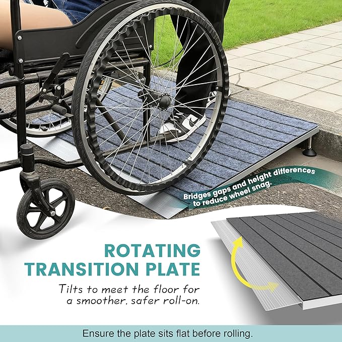 Threshold Ramps for Wheelchairs, Adjustable Height 1.8"–5.3" and 24"×36" Platform Aluminum Wheelchair Ramp, Door Threshold Ramps with a Non-Slip Thick Door Mat for Scooters, Power Chairs, Cart