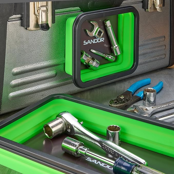 Collapsible Magnetic Parts Tray Set - 3 Different Size Tool Trays for Screw, Bolts, Nuts, Washers, Pins and Other Small Metal Parts, Mechanic Tool Gifts for Men - Green
