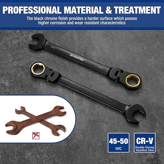 WORKPRO 22-piece Ratcheting Wrench Set with 180° Flex Head, Anti-Slip Tooth, Combination Wrench Sets with Organizer Box, Metric 6-18mm & SAE 1/4-3/4", Black Electrophoretic Coating