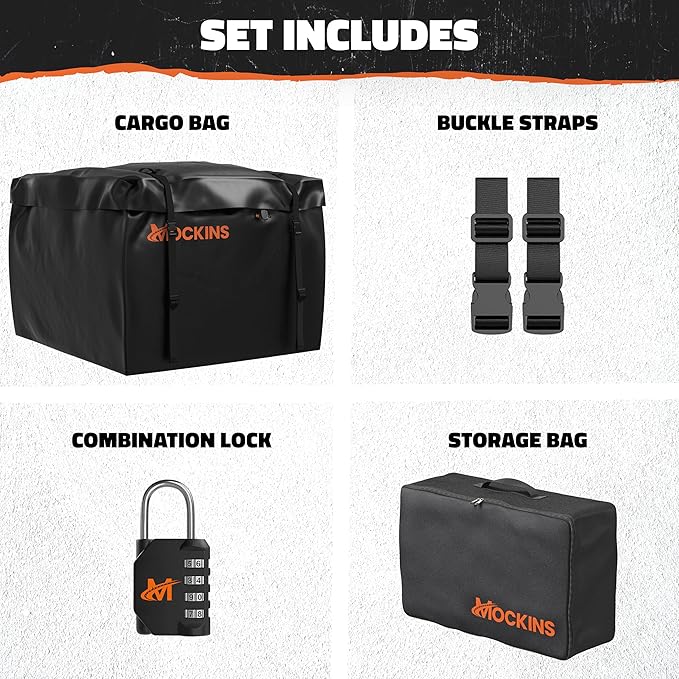 Mockins 30 CuFt Square Trailer Hitch Cargo Carrier Bag | 40"x40"x32" 500D PVC Weatherproof Cargo Bag for Hitch Carrier | Versatile Waterproof Truck Bed Storage Set w/Buckle Straps, Lock & Carry Bag