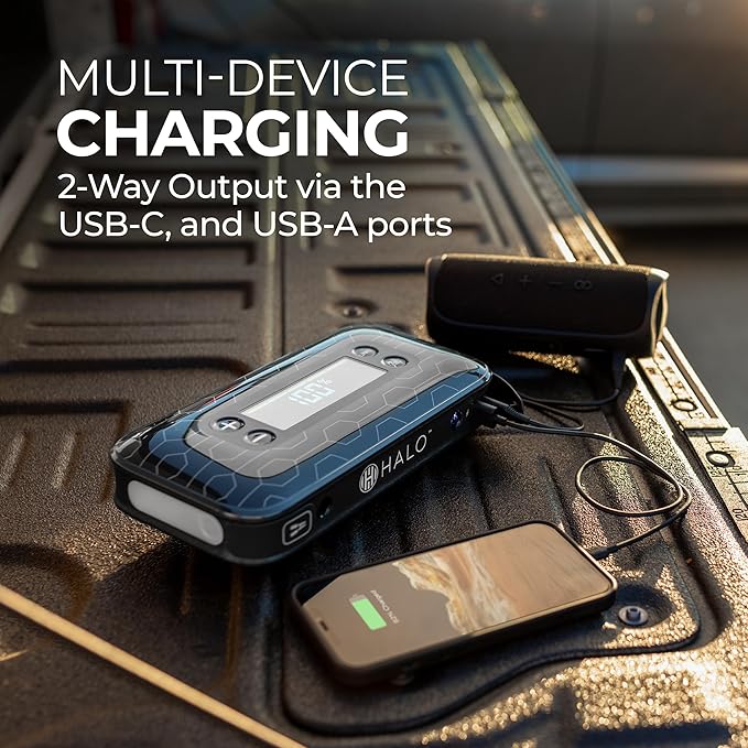 HALO Bolt Air+ 1750 Portable Car Battery Jump Starter | 130 PSI Air Compressor, 59.9Wh USB Power Bank, Large Display, Emergency Floodlight & Charger, Jumps Cars SUVs & Trucks, Inflates Tires — Blue