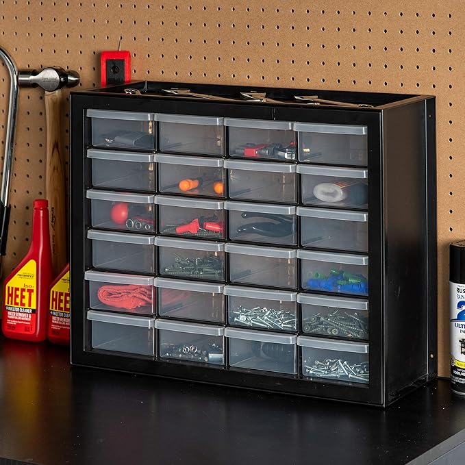 IRIS USA Plastic Storage Drawers, Made in USA, 24-Drawer Small Parts Organizer, Stackable Teacher Toolbox for Hardware, Screws, Nuts & Bolts, Stickers, Beads, Building Bricks, Garage Storage – Black