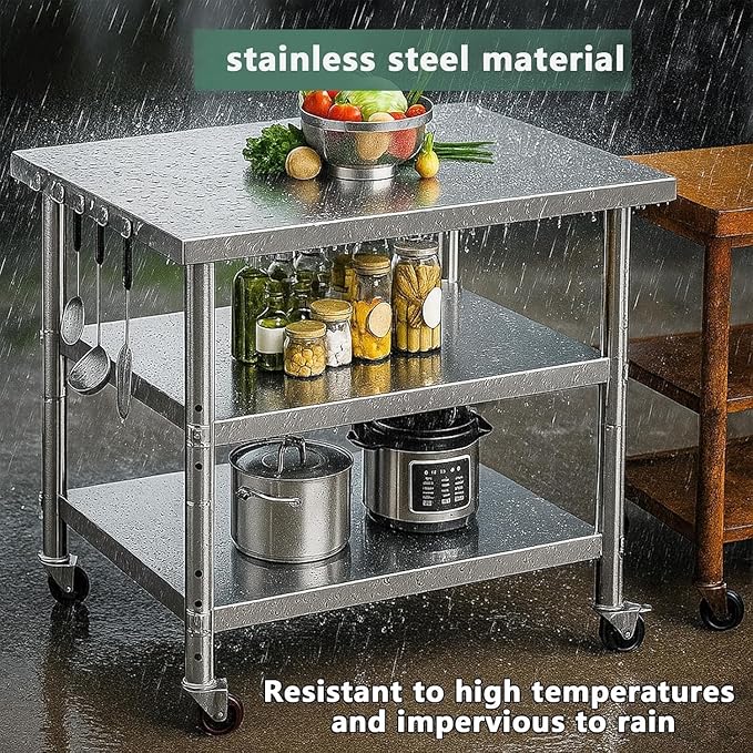 Stainless Steel Table with Wheels for Food Preparation and Work, Multi-Size Optional, Three-Layer Variable Two-Layer Metal Commercial Workbench Outdoor, Restaurant, Kitchen (40" Lx24 Wx34 H)