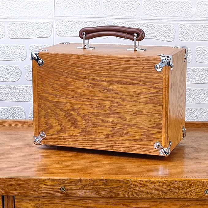 Oak Wood 4 Drawers Portable Toolbox, Leather Handle, FT0104